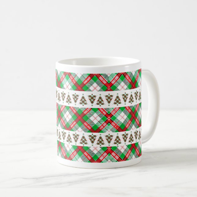 Rot Grün Vintage-Weihnachtsbaum Karomuster Kaffeetasse (VorderseiteRechts)