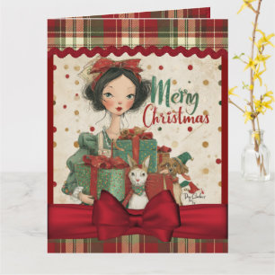 Rot Grün Weihnachts-Tartan Vintage Mädchen mit Hau Karte
