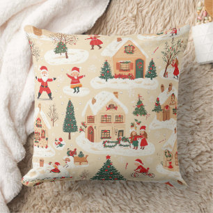Rot Grün Weihnachtsdorf Schneebedeckt Beige Muster Kissen