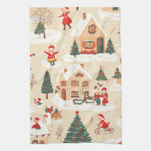 Rot Grün Weihnachtsdorf Schneebedecktes Beige Must Geschirrtuch