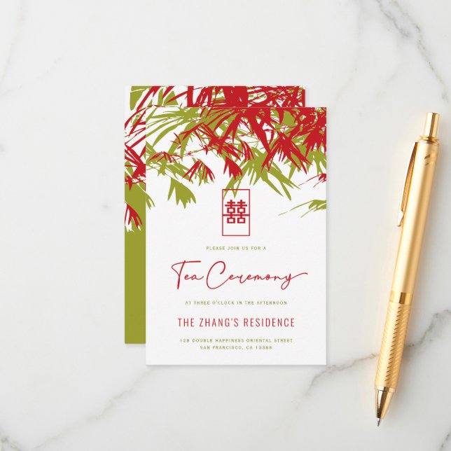 Rot/Grün Zen Bamboo Verlasse chinesische Teezeremo Begleitkarte (Vorderseite/Rückseite Beispiel)