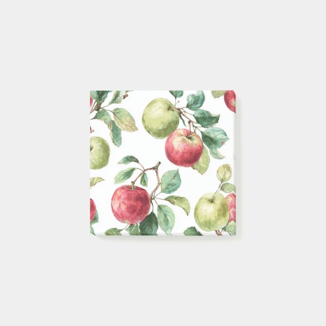 Rot Grüne Apfel Frucht Muster Aquarell Rustikal  Post-it Klebezettel (Vorderseite)