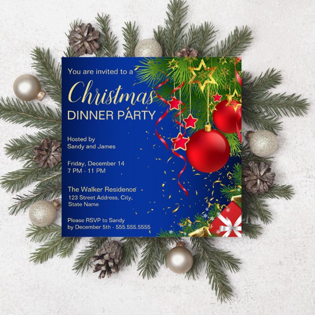Rot-grüne Bauernstars Einladung (Royal blue red green baubles stars Christmas party editable template Invitation digital download)