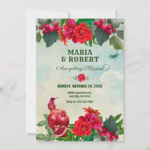 Rot Grüne Blumen Vogel Retro Vintage Hochzeit Save The Date