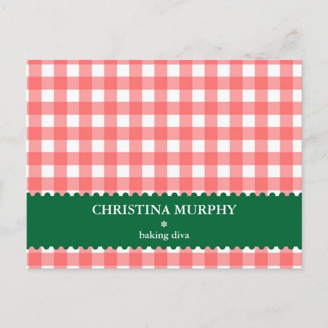 Rot-grüne Gingham-individuelle Name-Rezeptkarte Postkarte (Vorderseite)