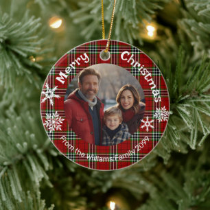 Rot grüne karierte Foto-Schneeflocken Keramik Ornament