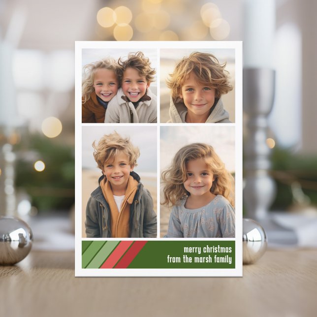 Rot-grüne Retrostreifen - 4 Fotomaterial Feiertagskarte (Red and Green Retro Stripe Holiday Card with an 4 Photo Collage template)