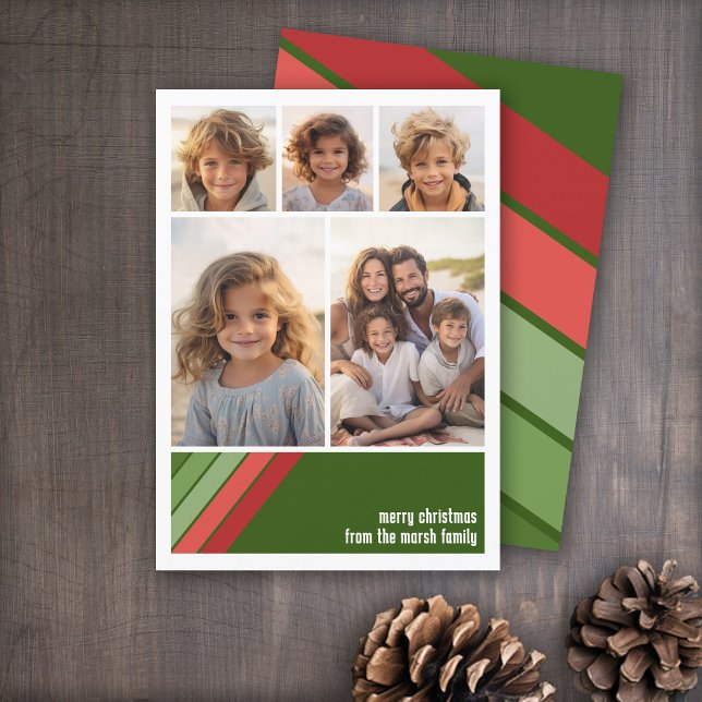 Rot-grüne Retrostreifen - 5 Fotomaterial Feiertagskarte (Red and Green Retro Stripe Holiday Card with an 5 Photo Collage template)