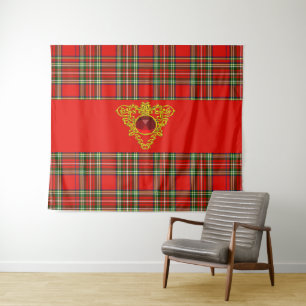 ROT GRÜNE SCOTTISH TARTAN, GOLD ZELLTIKKNOTEN HERZ WANDTEPPICH