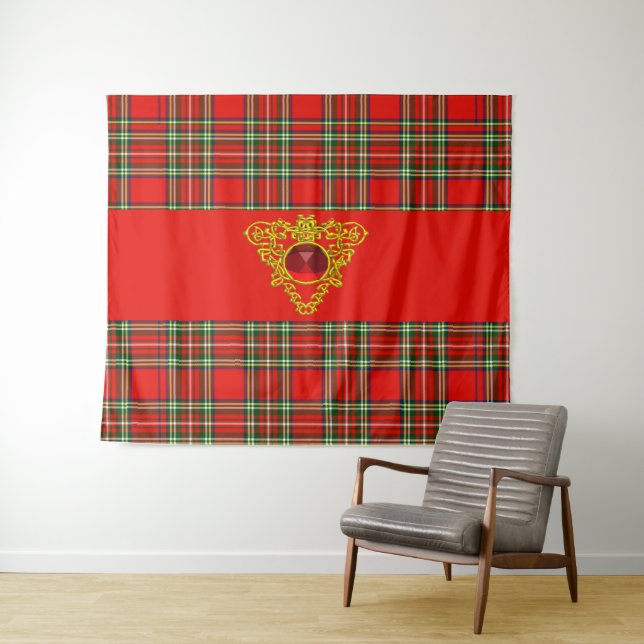 ROT GRÜNE SCOTTISH TARTAN, GOLD ZELLTIKKNOTEN HERZ WANDTEPPICH (Beispiel (Horizontal))
