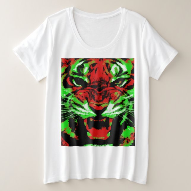 Rot-grüne Tiger-Gesichtsmalerei Große Größe T-Shirt (Design vorne)