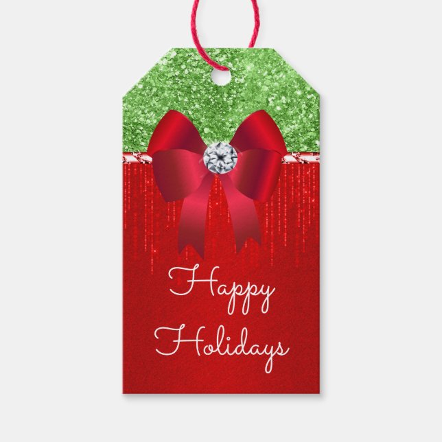 Rot-grüner Satin-Bogen Glitzer DIY Weihnachtswunsc Geschenkanhänger (Vorderseite)