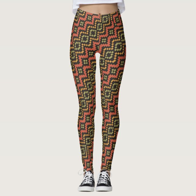 Rot-grüner schwarzägyptischer Korbflechtmuster Leggings (Vorderseite)