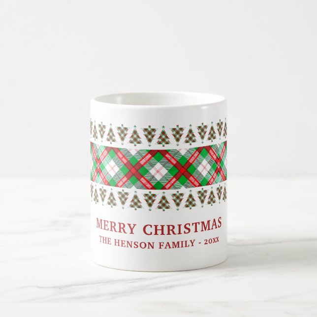 Rot grüner vintage Weihnachtsbaum Karomuster Kaffeetasse (Mittel)