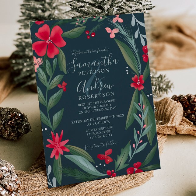 Rot-grünes Blumenmuster Hochzeit Einladung (Red green floral wreath pattern wedding invitation on blue)