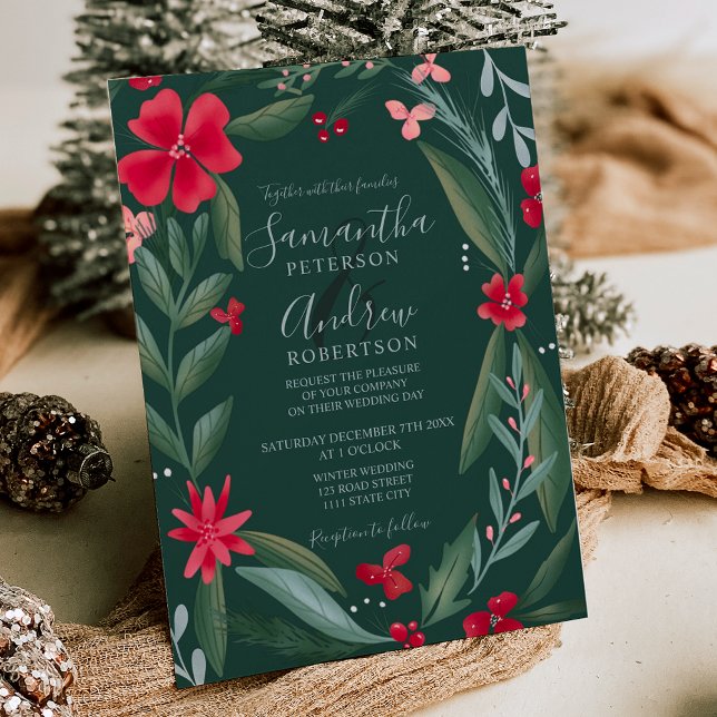Rot grünes Blumenmuster Winterhochzeit Einladung (Red green floral wreath pattern winter wedding invitation)
