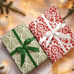 Rot-grünes Damastmuster Weihnachten Geschenkpapier Set
