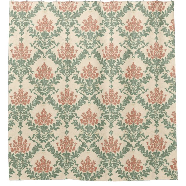 Rot-grünes Vintage-Damaskus-Muster Duschvorhang (Vorderseite)