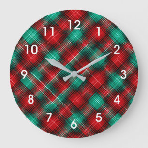 Rot-grünes Weihnachtskaromuster Große Wanduhr