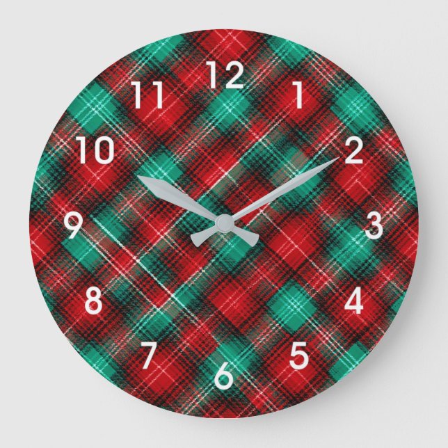 Rot-grünes Weihnachtskaromuster Große Wanduhr (Vorderseite)