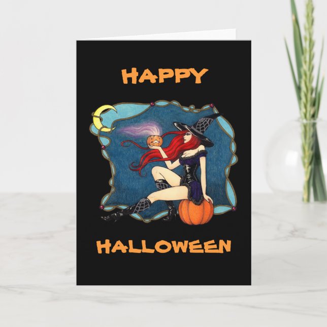 Rot-haarige Hexe Halloween Karte (Vorderseite)