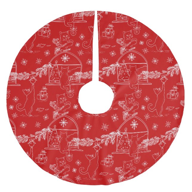 Rot handgezeichnete Katzen & Weihnachtsbaum  Polyester Weihnachtsbaumdecke (Vorderseite)