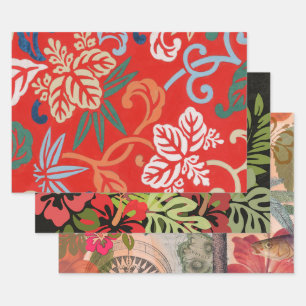 Rot-Hawaiianischer Kimono: Vintager Blumen Geschenkpapier Set