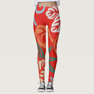 Rot-Hawaiianischer Kimono: Vintager Blumen Leggings