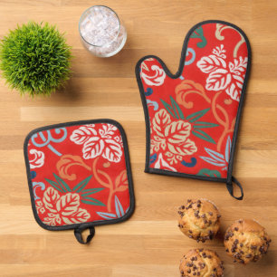 Rot-Hawaiianischer Kimono: Vintager Blumen Ofenhandschuh & Topflappen-Set