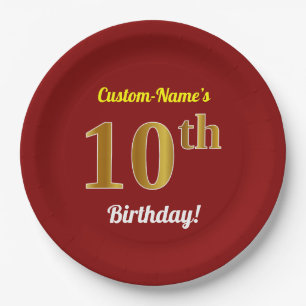 Rot, Imitat-Gold10. Geburtstag + Individueller Pappteller