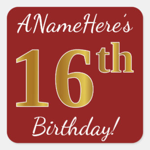 Rot, Imitat-Gold16. Geburtstag + Name-Aufkleber Quadratischer Aufkleber