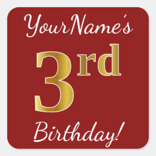 Rot, Imitat-Gold3. Geburtstag + Name-Aufkleber Quadratischer Aufkleber