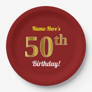 Rot, Imitat-Gold50. Geburtstag + Individueller Pappteller