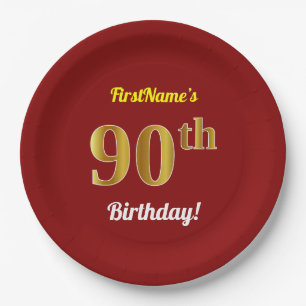 Rot, Imitat-Gold90. Geburtstag + Individueller Pappteller