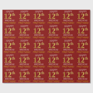 Rot, Imitat-Gold "GLÜCKLICHER 12. GEBURTSTAG " Geschenkpapier