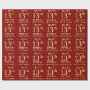 Rot, Imitat-Gold "GLÜCKLICHER 13. GEBURTSTAG " Geschenkpapier