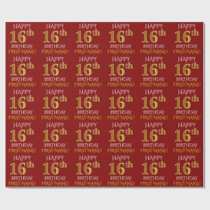 Rot, Imitat-Gold "GLÜCKLICHER 16. GEBURTSTAG " Geschenkpapier