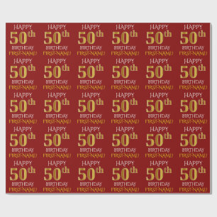 Rot, Imitat-Gold "GLÜCKLICHER 50. GEBURTSTAG " Geschenkpapier