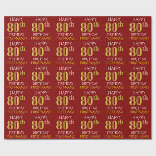 Rot, Imitat-Gold "GLÜCKLICHER 80. GEBURTSTAG " Geschenkpapier
