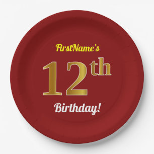 Rot, Imitate Gold 12. Geburtstag + Individuelle Na Pappteller