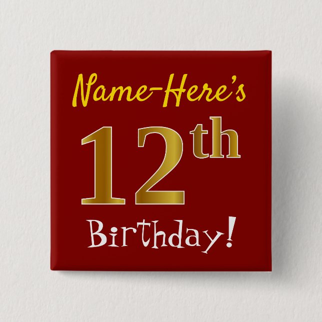 Rot, Imitate Gold 12. Geburtstag, mit Individuelle Button (Vorderseite)
