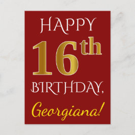 Rot, Imitate Gold 16. Geburtstag + Individuelle Na Postkarte