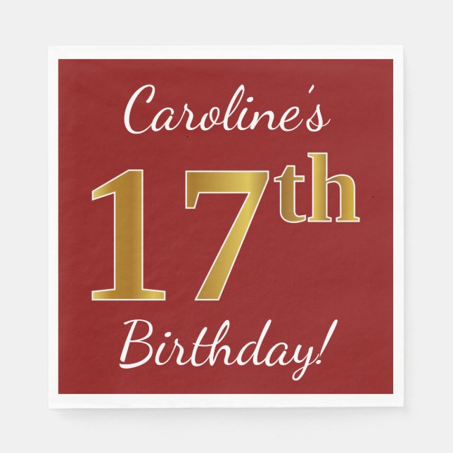 Rot, Imitate Gold 17. Geburtstag + Individuelle Na Serviette (Vorderseite)