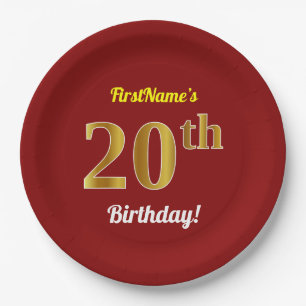 Rot, Imitate Gold 20. Geburtstag + Individuelle Na Pappteller