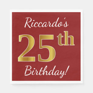 Rot, Imitate Gold 25. Geburtstag + Individuelle Na Serviette