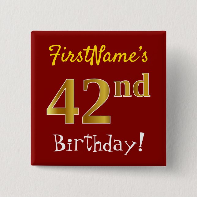 Rot, Imitate Gold 42. Geburtstag, mit Individuelle Button (Vorderseite)