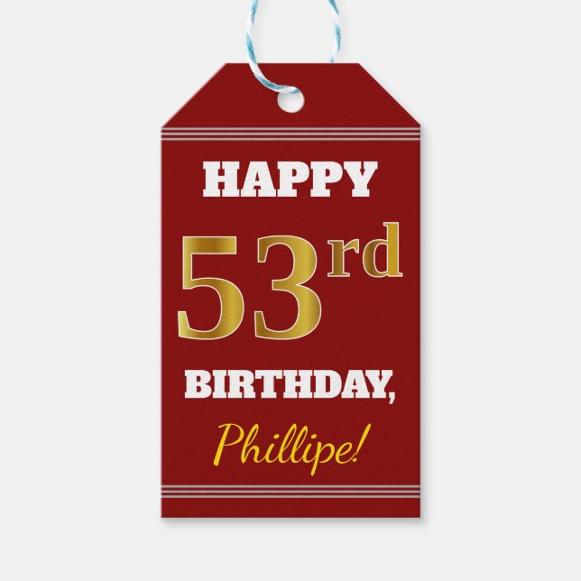 Rot, Imitate Gold 53. Geburtstag + Individuelle Na Geschenkanhänger (Vorderseite)