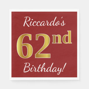 Rot, Imitate Gold 62. Geburtstag + Individuelle Na Serviette