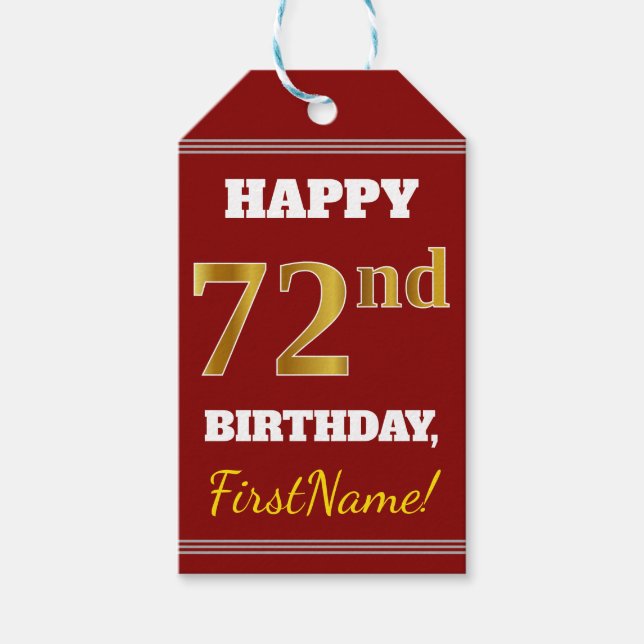 Rot, Imitate Gold 72. Geburtstag + Individuelle Na Geschenkanhänger (Vorderseite)