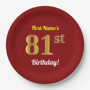 Rot, Imitate Gold 81. Geburtstag + Individuelle Na Pappteller